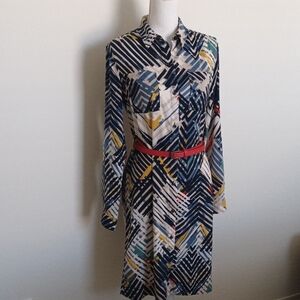 Ann Taylor Shirt Dress Multi Color Geometric Pattern Long Sleeves Size M